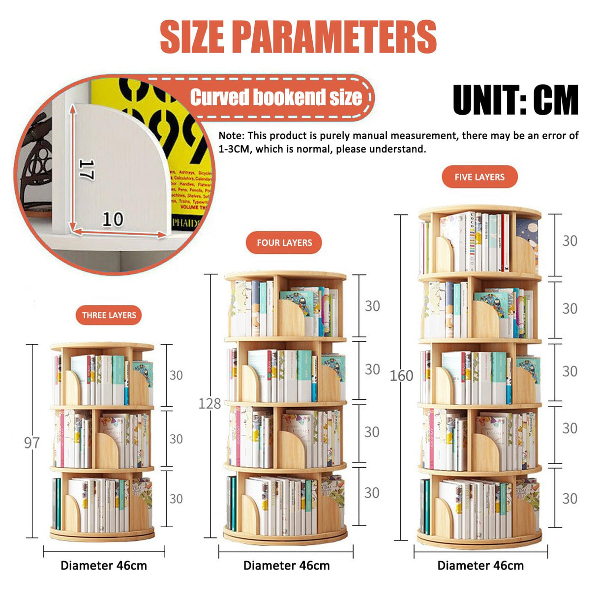 LINLIUA 360° Rotating Bookshelf for Kids & Adults - 4/5 Tier Floor Standing Storage Rack in Grey LINLIUA