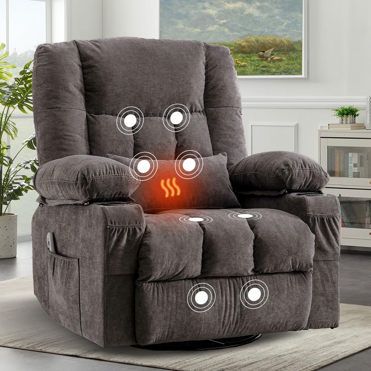 BOSMILLER Oversized Recliner Chair for Adults with Vibration Massage and Lumbar Heating Swivel Rocker Recliner with Cup Holder and USB Charge Port for Living Room BOSMILLER