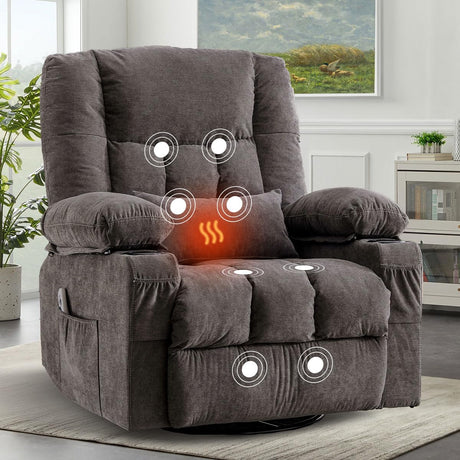 BOSMILLER Oversized Recliner Chair for Adults with Vibration Massage and Lumbar Heating Swivel Rocker Recliner with Cup Holder and USB Charge Port for Living Room BOSMILLER