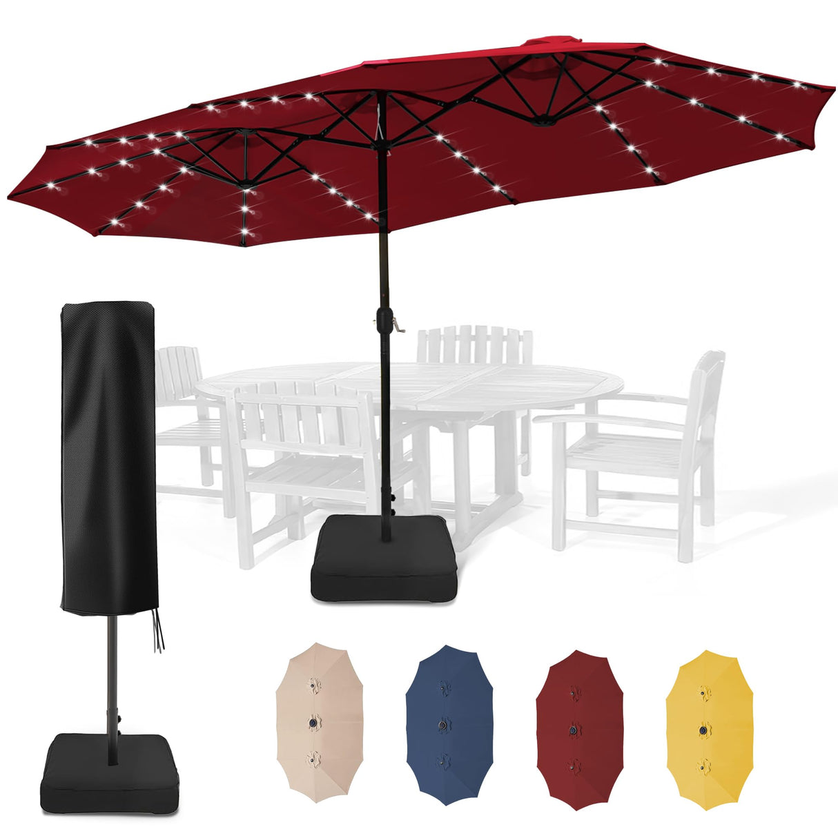 Sundale Outdoor 40LED 15ft Large Patio Umbrellas with Base Included and Umbrella Cover, Outdoor Double-Sided Umbrella with Solar Lights Red Sundale Outdoor
