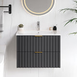 ONBRILL 24 Inch Bathroom Vanity with Sink Combo, Floating Bathroom Vanity with 2 Fluted Drawer & Metal Handles, Modern Wall Mount Bathroom Cabinet with Ceramic Integrated Sink for Small Space (Black) ONBRILL