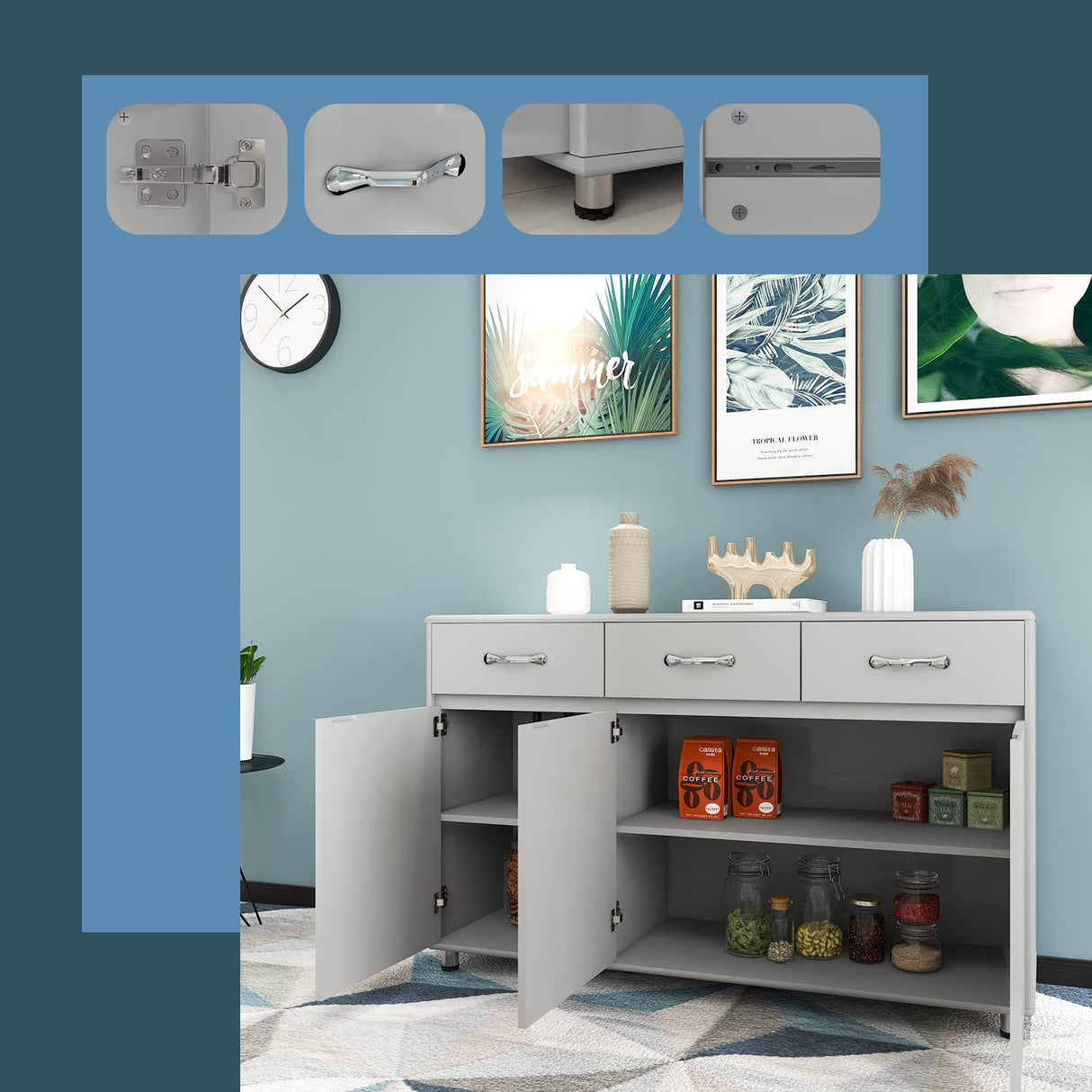 GLCHQ Storage Drawer File Cabinet Side Cabinet Entryway Console Side Tables with Three Drawers and Three Doors for Office or Kitchen Room (Three Doors, Grey) GLCHQ