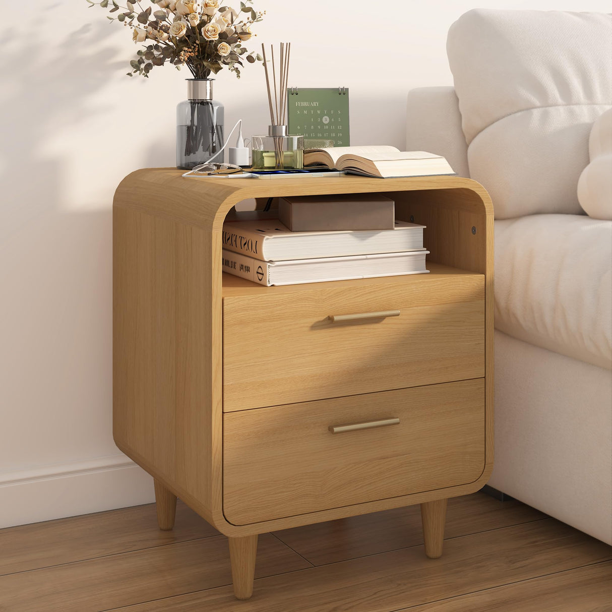 Easyego Mid-Century Modern Nightstand with Charging Station, Bedside Table w/2 Drawers and Open Shelves, Side Table and End Table for Bedroom and Living Room, Curved Design(Wood Naural) Easyego