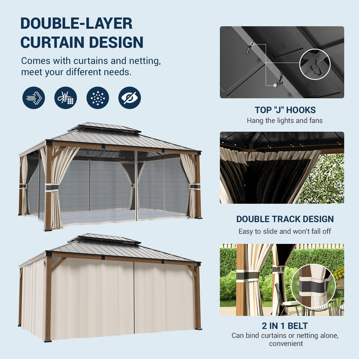 UDPATIO 12' x 16' Hardtop Gazebo, Wood Grain Finish Aluminum Frame Outdoor Gazebo with Galvanized Steel Double Roof, Metal Gazebo Canopy with Curtain and Netting for Patio, Deck and Lawn, Beige UDPATIO