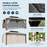 UDPATIO 12' x 16' Hardtop Gazebo, Wood Grain Finish Aluminum Frame Outdoor Gazebo with Galvanized Steel Double Roof, Metal Gazebo Canopy with Curtain and Netting for Patio, Deck and Lawn, Beige UDPATIO