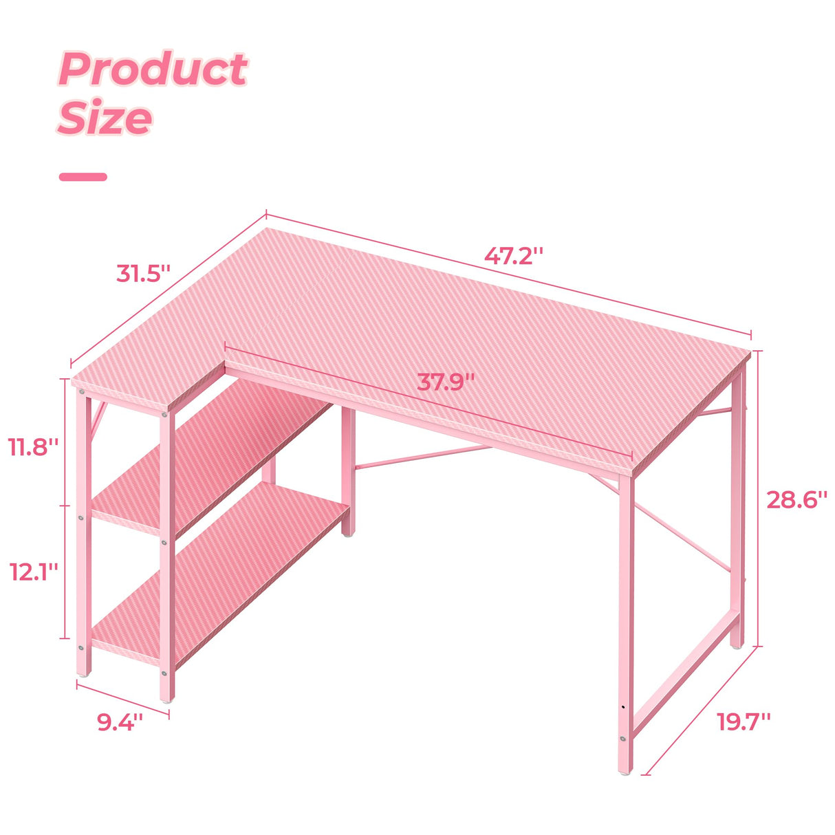 Huuger L Shaped Desk, 47 Inches Computer Desk with Reversible Storage Shelves, Gaming Desk, Corner Desk Home Office Desks, Writing Desk Study Desk with Metal Frame, Pink Huuger