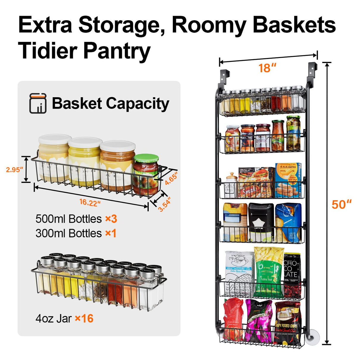 Over the Door Heavy-Duty Metal Organizer, 6-Tier Door Storage for Pantry, Easy Install, D4.65xW18xH50inch, Black Delamu