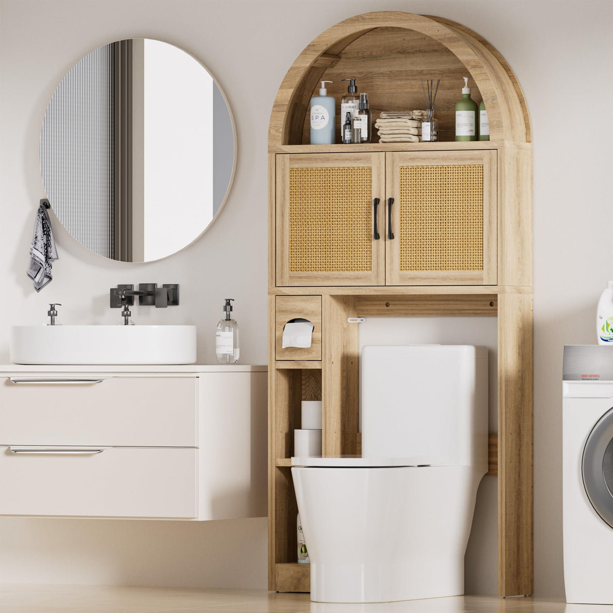 Spurgehom Over The Toilet Storage Cabinet, Bathroom Shelf Organizer Freestanding, Bathroom Arch Cabinet Over Toilet with Toilet Paper Holder and Anti-Tipping Device (Wood & Wicker Door) Spurgehom