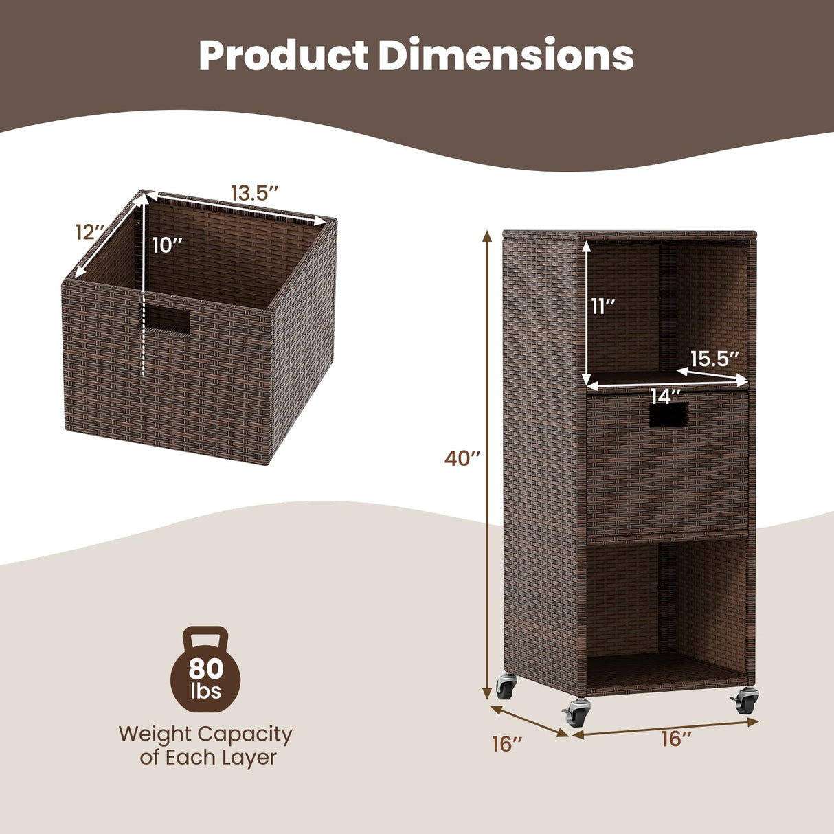 Tangkula Rattan Outdoor Storage Cabinet, Patiojoy Outdoor Wicker Cabinet with 3 Shelves, 1 Removable Drawer, 4 Wheels, Patio Storage Deck Box Cart for Backyard Poolside Porch (Mix Brown) Tangkula