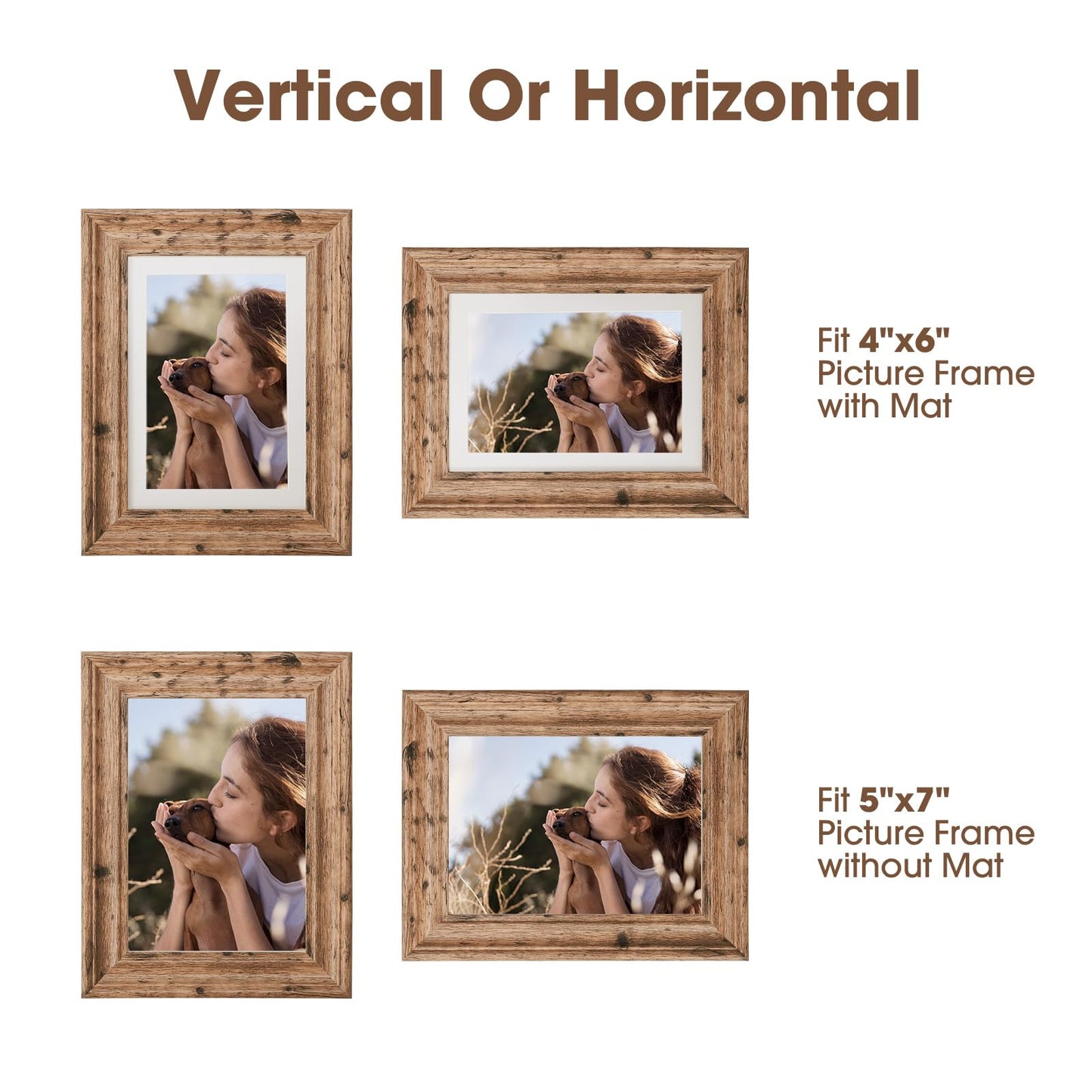 TWING 5x7 Picture Frames Set of 6, Rustic Picture Frame 4x6 with Mat or 5X7 Without Mat, Tabletop Display Wall Mounting Collage Photo Frames Brown Walnut Wood Pattern