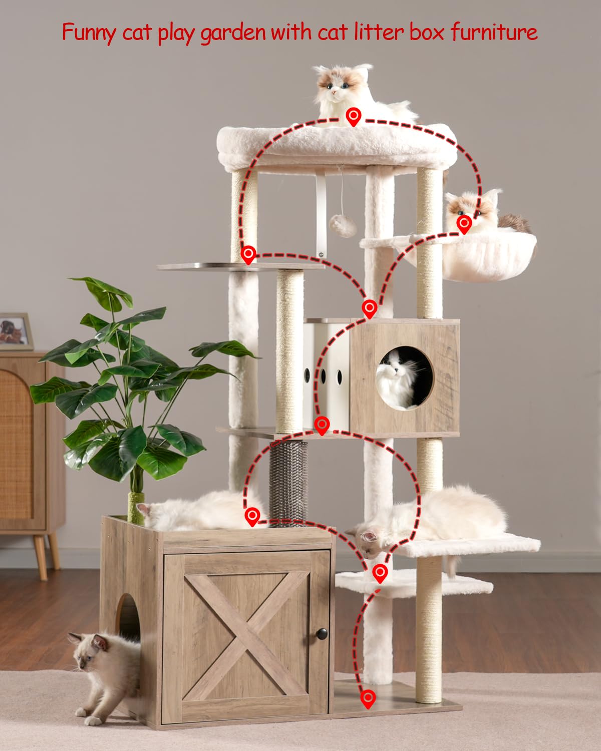 Gitelsnour Cat Tree with Litter Box Enclosure, Large Wooden Cat Tower Cat Condo for Indoor Cats with Play Garden (Leaf, Lawn, Hair Rubbers), Modern Cat House, Rustic Gray GCT110SG Gitelsnour