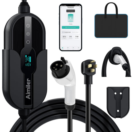 AIMILER Level 2 Electric Vehicle (EV) Charger(32Amp, 220V-240V, NEMA 14-50 Plug), 25ft Cable ETL Listed Portable Indoor/Outdoor EVSE SAE J1772 EV Car Charging Station w/Delay Timer, WiFi Enabled AIMILER