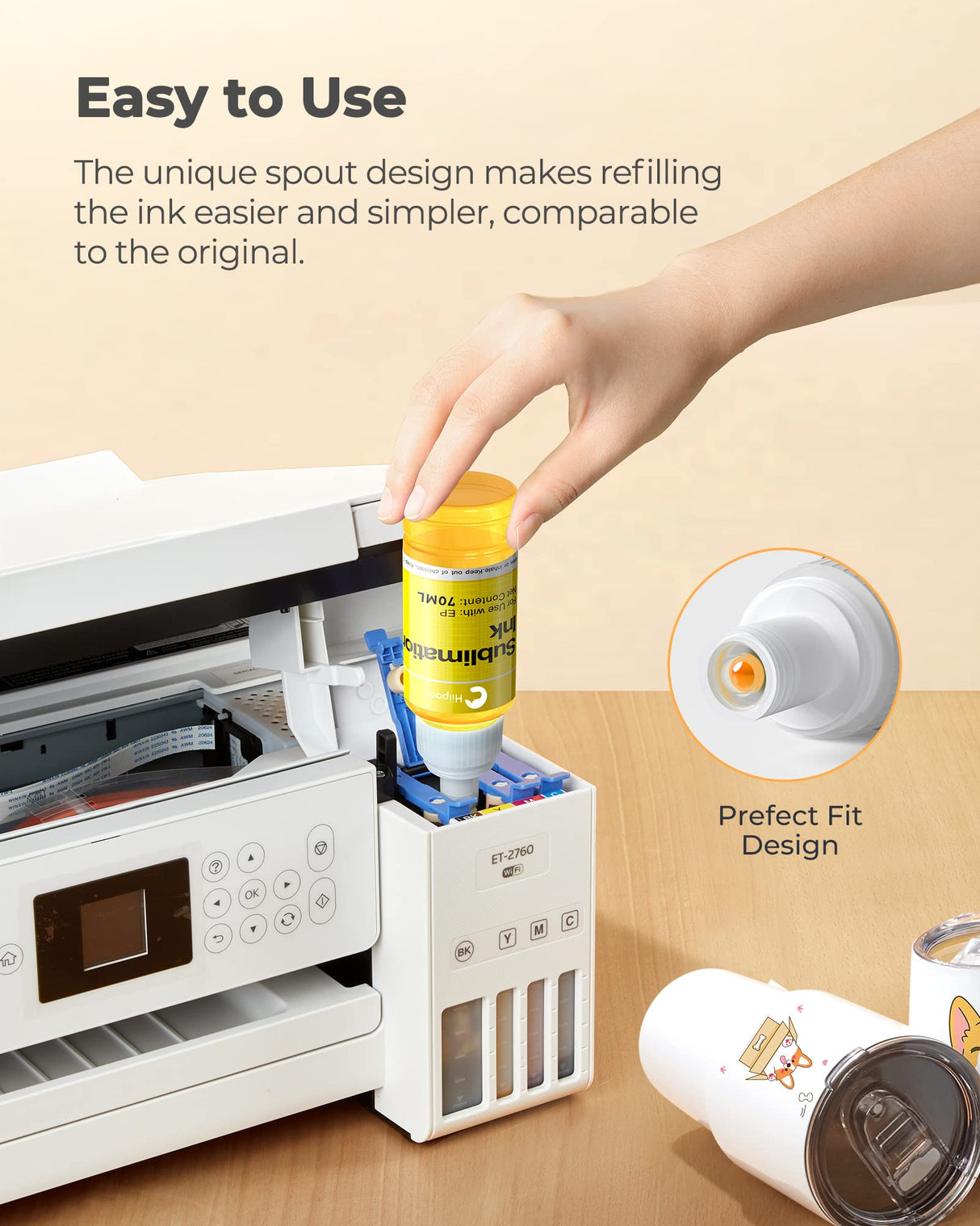 Hiipoo Sublimation Ink Refilled Bottles Compatible for ET2400 ET2720 ET2760 ET2750 ET4800 ET-2800 ET-2803 ET-2850 Inkjet Printers Heat Press Transfer on Mugs T-Shirts Hiipoo
