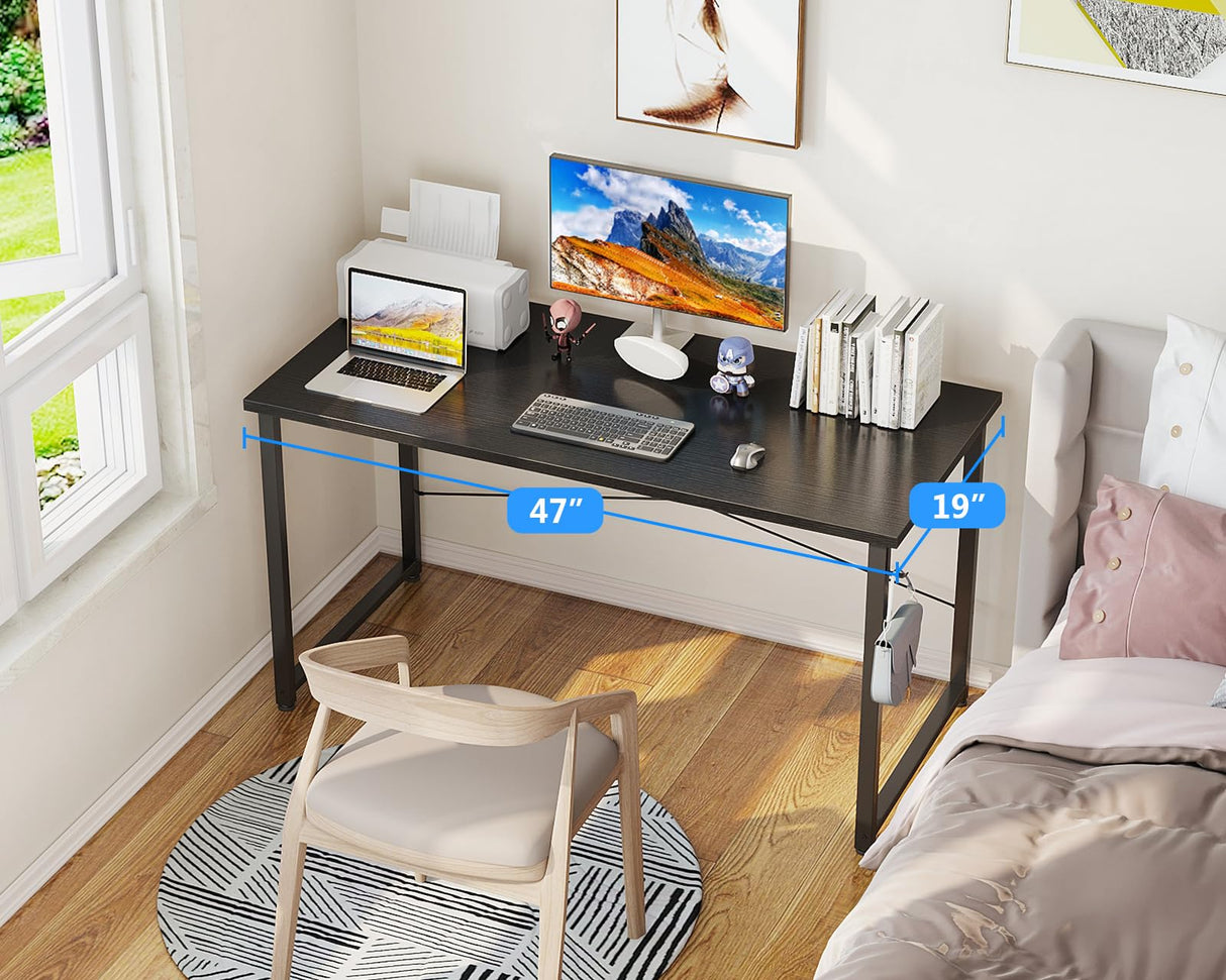 Casaottima 48 Inch Small Computer Desk for Home Office, Study Writing Table for Small Spaces, Simple Modern Desk with Headphone Hooks, Black Casaottima