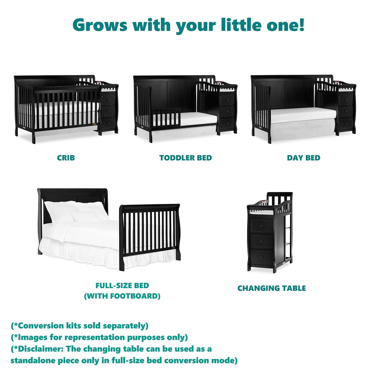 Dream On Me 5 in 1 Brody Convertible Crib with Changer, 33.2"L x 69"W x 39.1"H