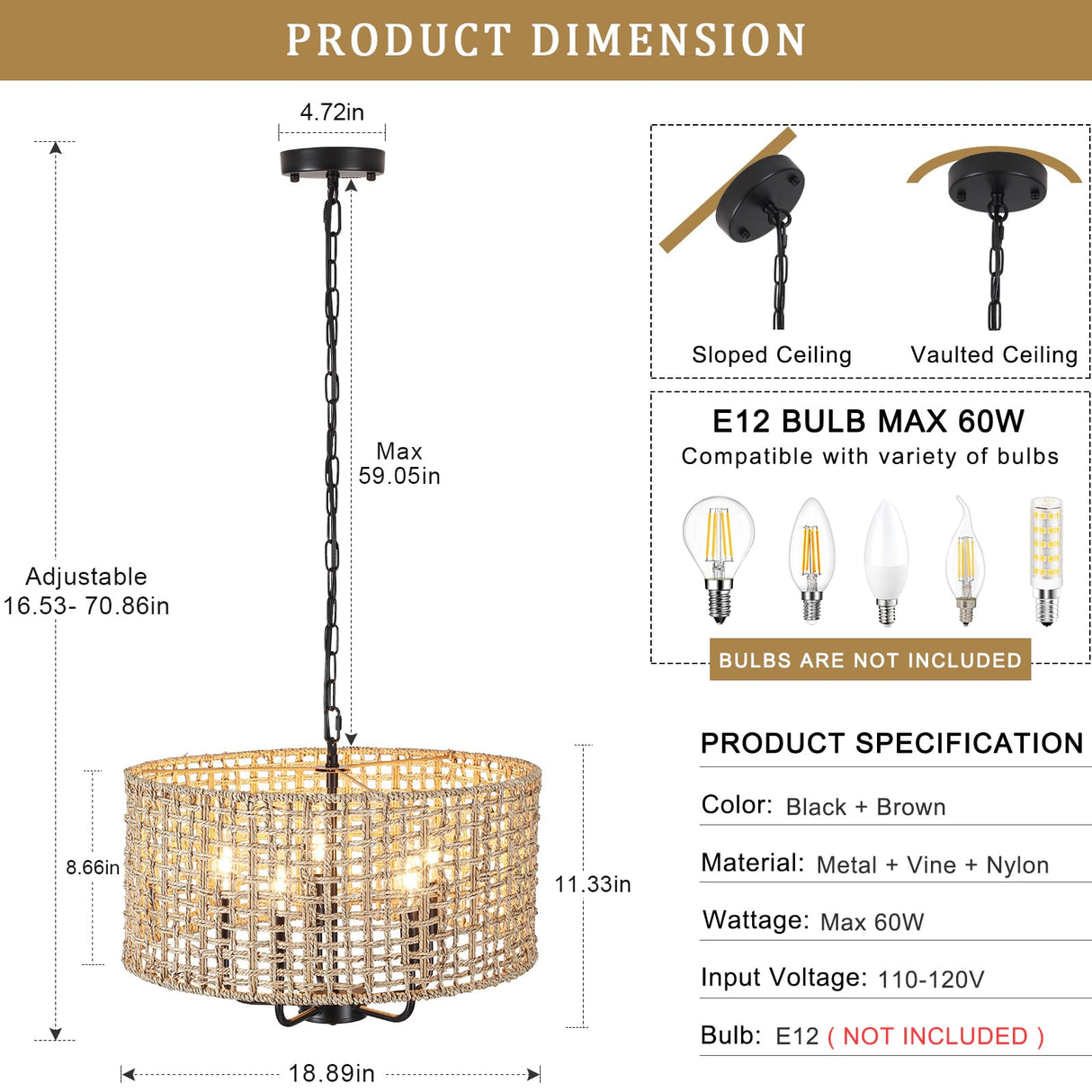 Rattan Chandelier Farmhouse 5 Lights Hand Woven Large Boho Chandeliers for Dining Room Light Fixture Hanging 19" Wicker Pendant Lighting Drum Chandeliers for Living Room Kitchen Island Foyer Hallway MRHYSWD