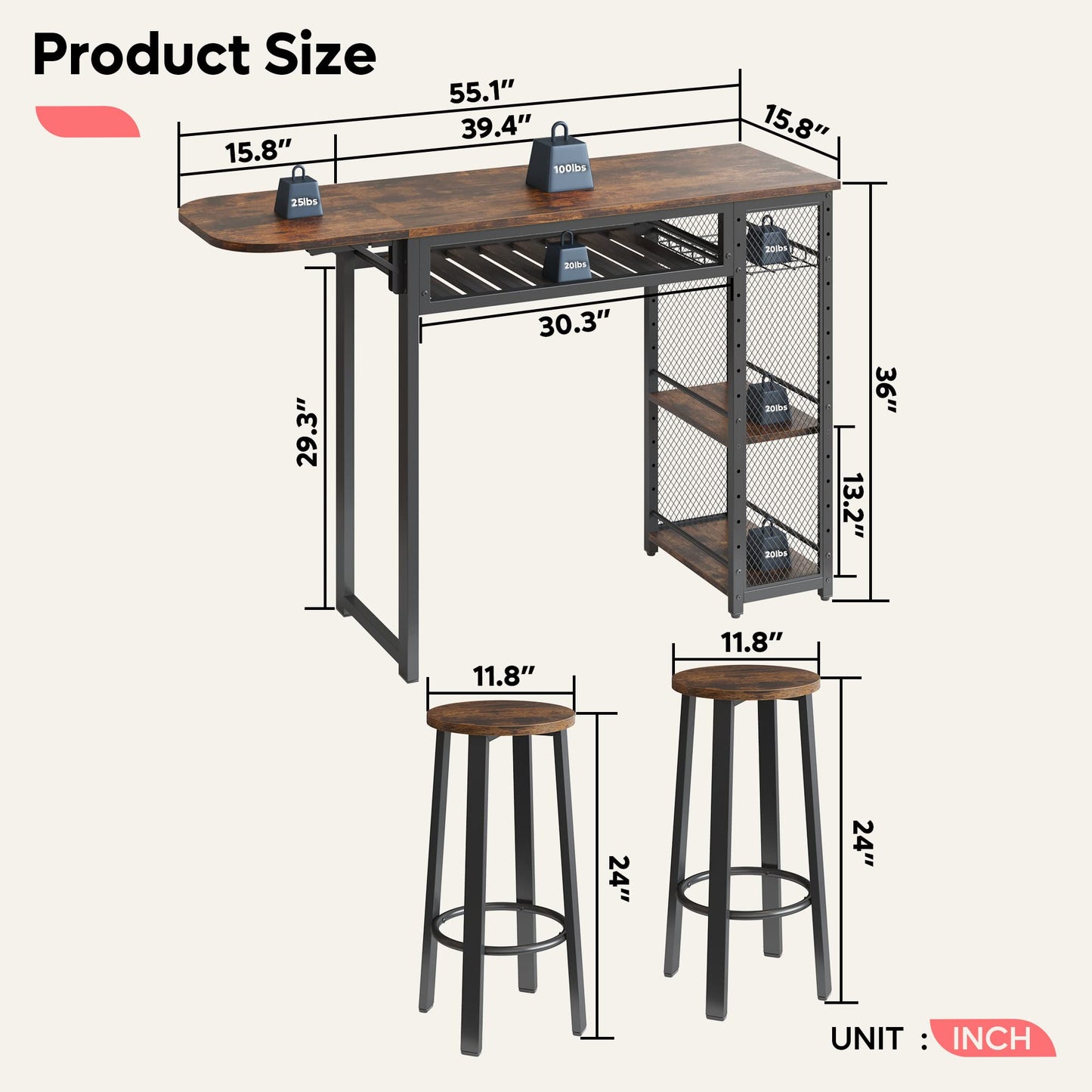 Expandable Rustic Brown Bar Table and Chair Set with Wine Rack and Adjustable Storage Shelves by Bestier - WoodArtSupply