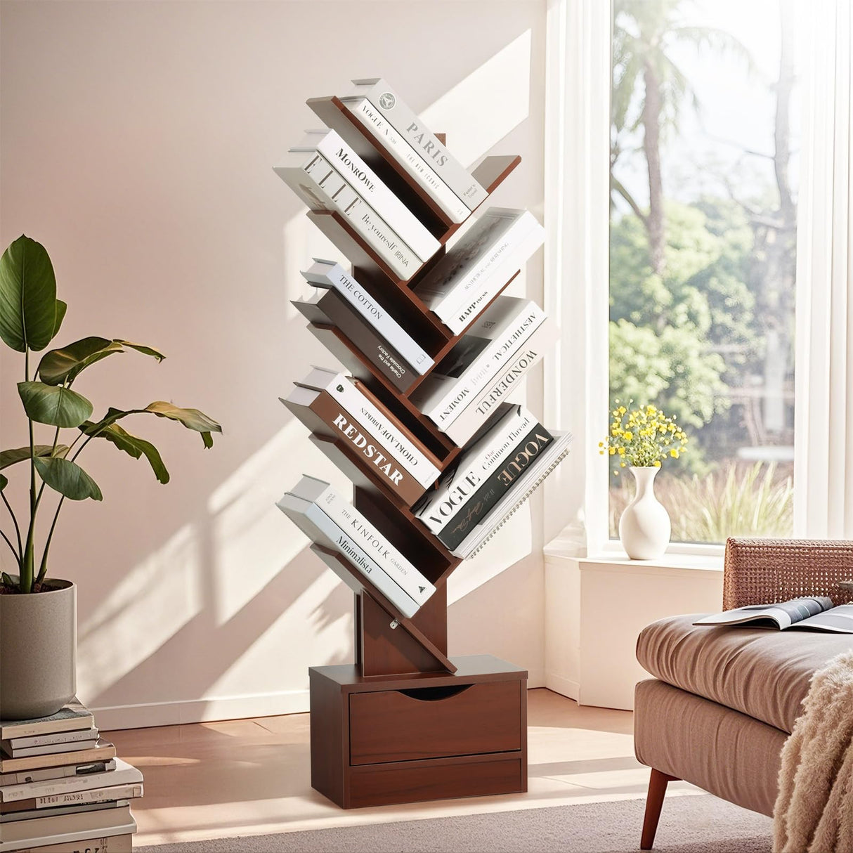 8-Tier Tree Bookshelf with Drawer, Tall Wood Bookcase for Small Spaces, Compact Floor Standing Shelf for Books, CDs & Decor, Tip-Resistant Design, Space-Saving Shelf for Living Room, Bedroom, Office LOVEWE