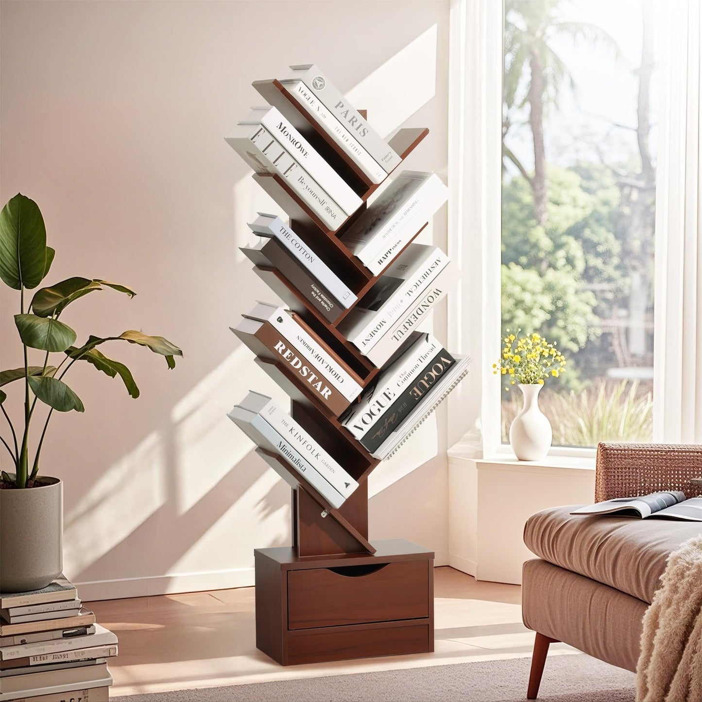 8-Tier Tree Bookshelf with Drawer, Tall Wood Bookcase for Small Spaces, Compact Floor Standing Shelf for Books, CDs & Decor, Tip-Resistant Design, Space-Saving Shelf for Living Room, Bedroom, Office