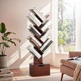 8-Tier Tree Bookshelf with Drawer, Tall Wood Bookcase for Small Spaces, Compact Floor Standing Shelf for Books, CDs & Decor, Tip-Resistant Design, Space-Saving Shelf for Living Room, Bedroom, Office LOVEWE