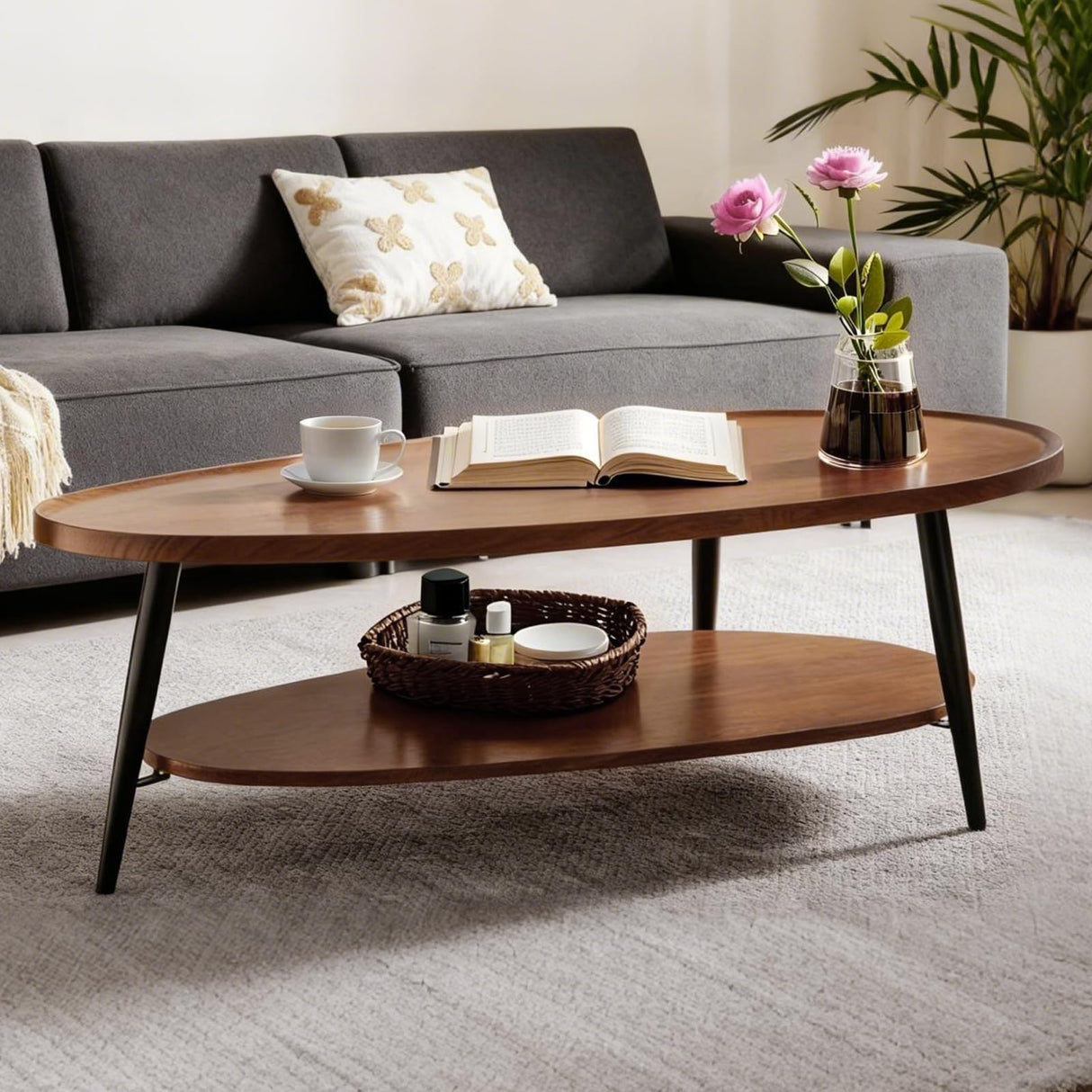 Oval Coffee Table for Living Room,47" Oval Walnut Coffee Table Mid Century Modern 2 Tier for Small Space,D47xw23.6xh15 Hothingwell