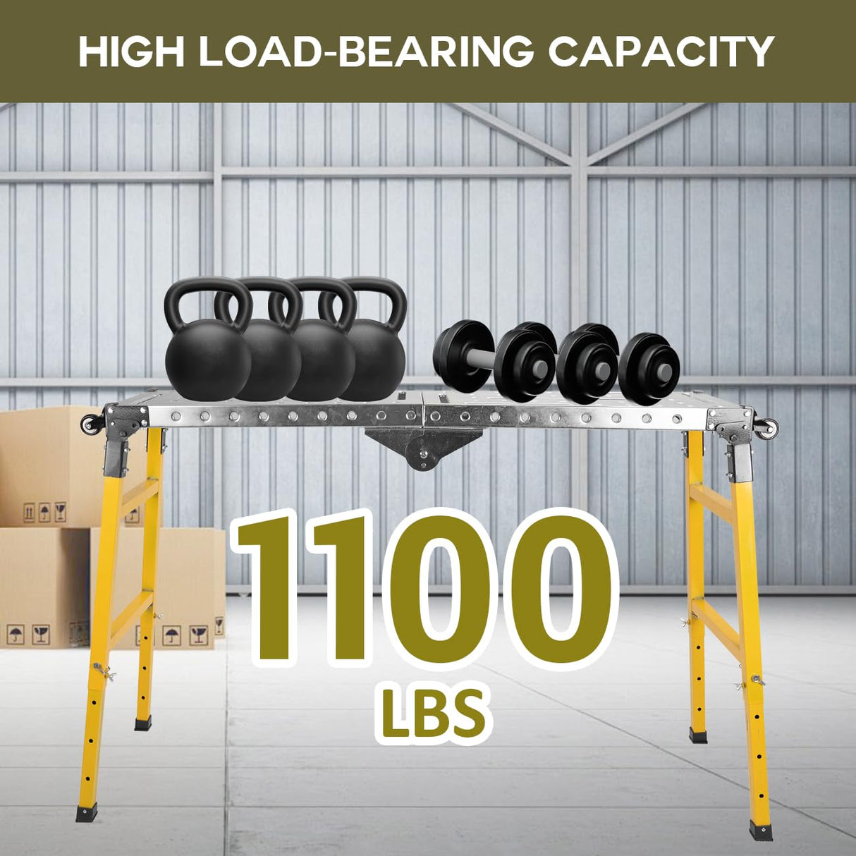 biosp Portable Steel Work Bench, Adjustable Height Welding Table with Folding Legs, Versatile Work Platform with Casters, Carrying Handle, 14 x 56-inch Tabletop, 1100 lbs Load Capacity biosp