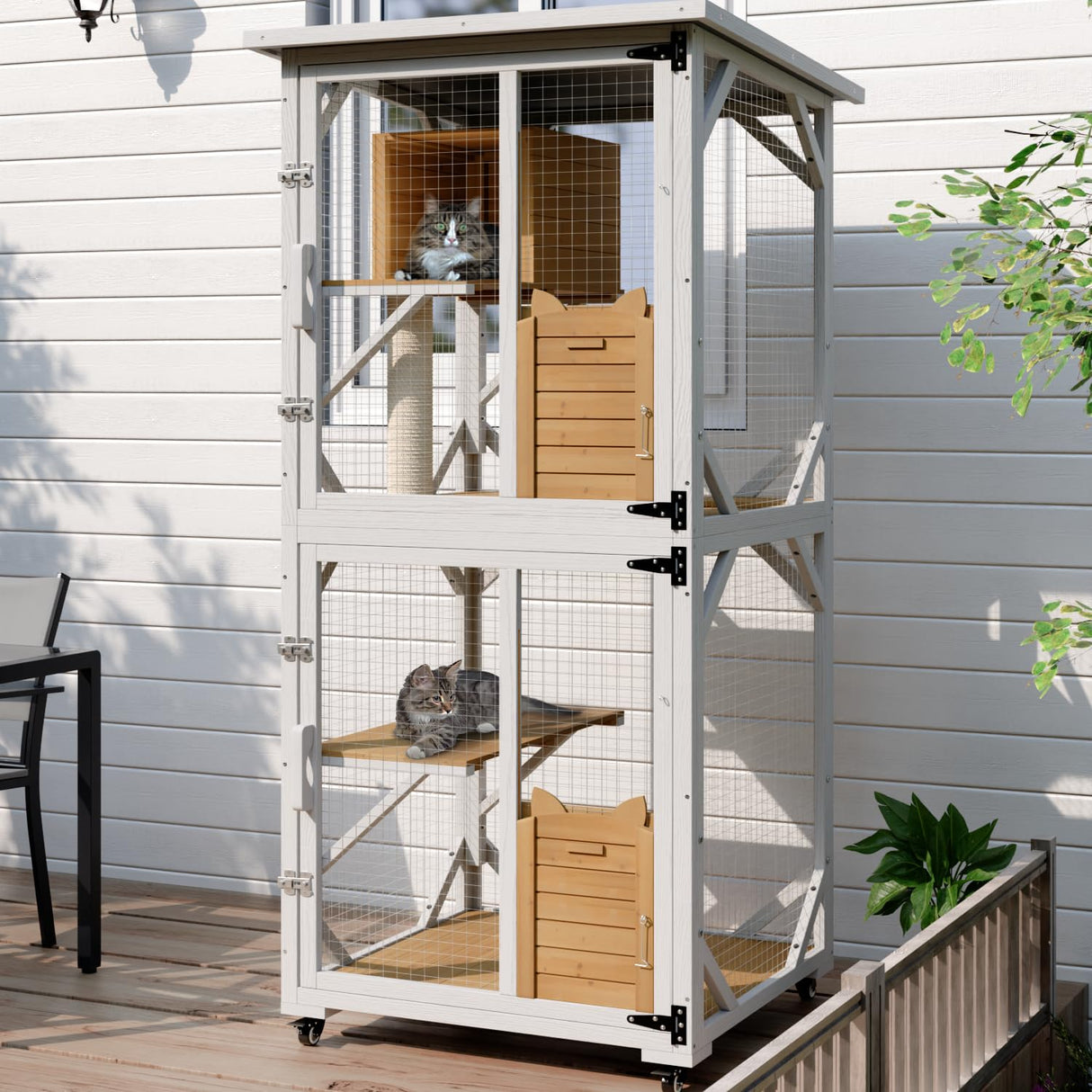 OFIKA Cat House Catio Outdoor Enclosure with Waterproof Roof,71'' cat House & Condos on Wheels for Outdoor Patio,Cat Window Box,Scratching Post（White） OFIKA