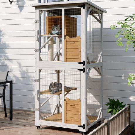 OFIKA Cat House Catio Outdoor Enclosure with Waterproof Roof,71'' cat House & Condos on Wheels for Outdoor Patio,Cat Window Box,Scratching Post（White） OFIKA