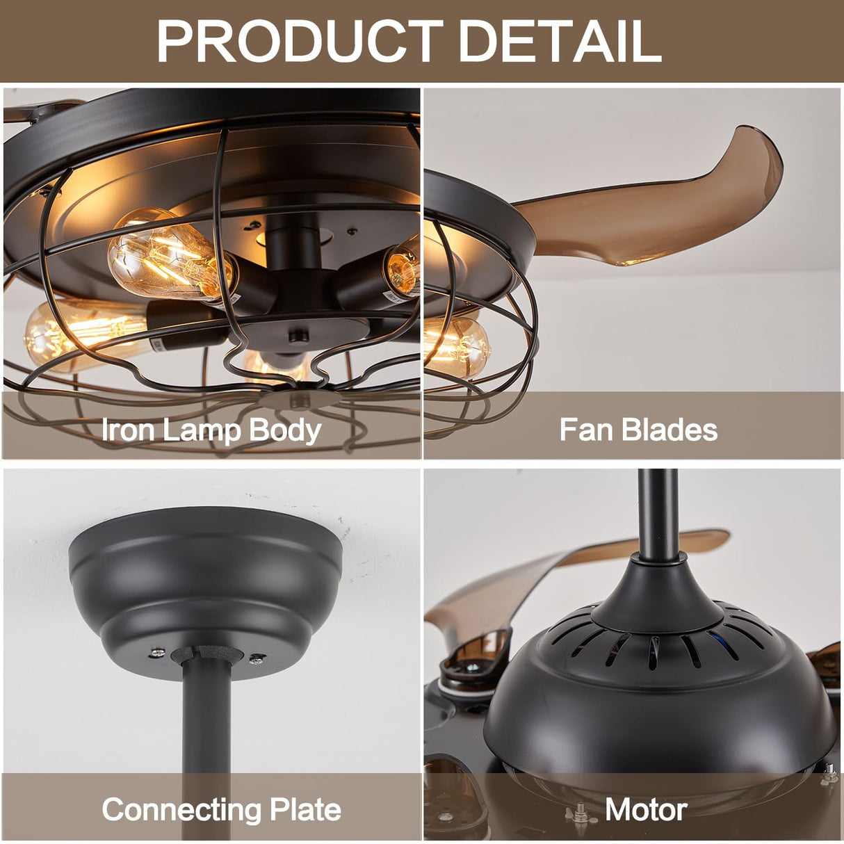 DuMaiWay 36" Caged Ceiling Fan with Lights, Industrial Retro Ceiling Fans with Remote Controller Vintage Style for Farmhouse/Living Room/Bedroom/Restaurant 5 Lights 4 Fan Blades Black DuMaiWay
