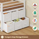 BTHFST Twin Size Low Loft Bed with 6 Fabric Storage Drawers, Metal Loft Bed Twin with LED Lights & Open Storage Shelves, 15" H Safety & Guardrail Stairs Loft Bed for Kids, White BTHFST