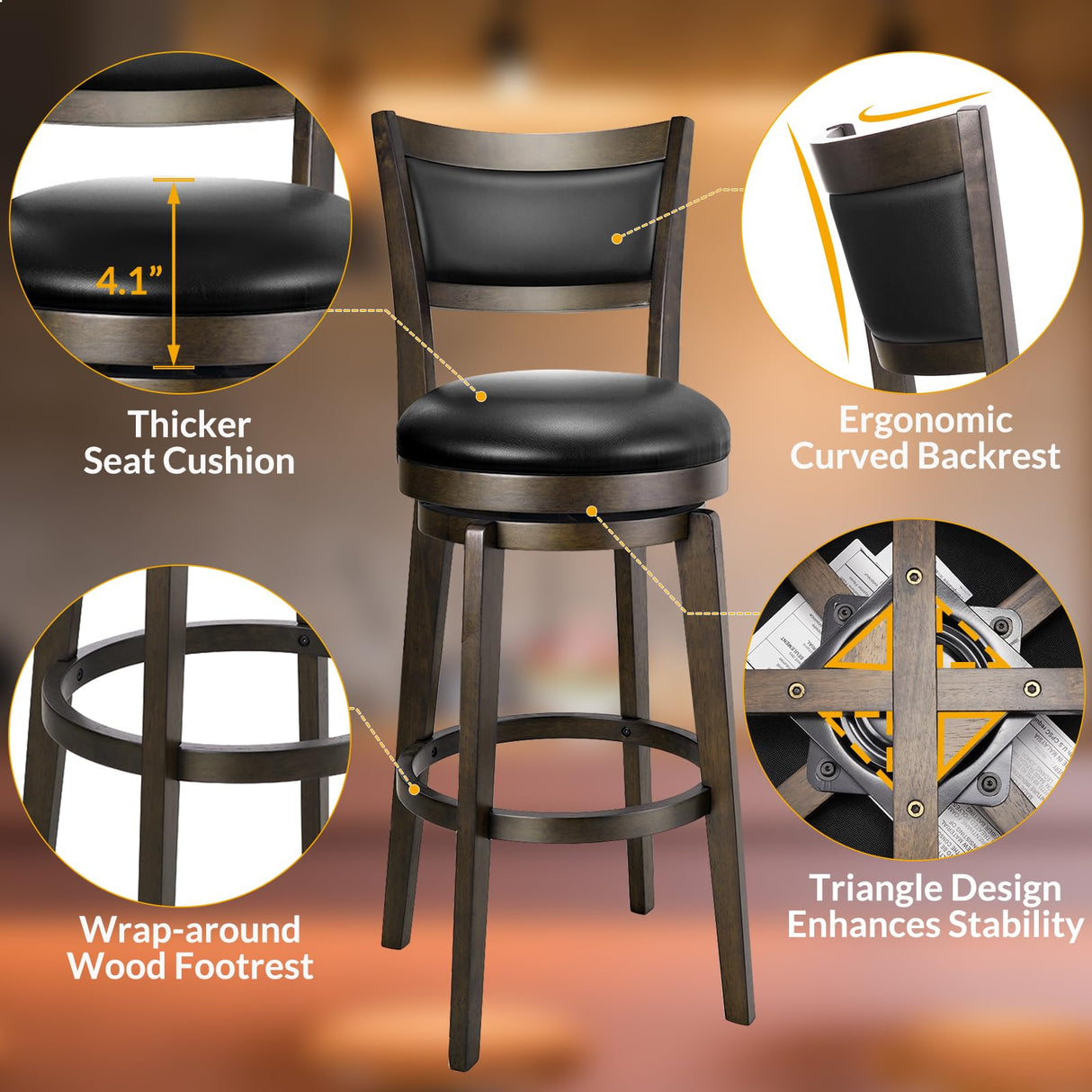 PrimeZone Swivel Bar Stools Set of 2, 30 Inch Bar Height Barstools, Black Faux Leather Bar Stool with High Backrest & Solid Wood Legs & Wrap-Around Footrest, Counter Stools for Kitchen Island, Pub PrimeZone