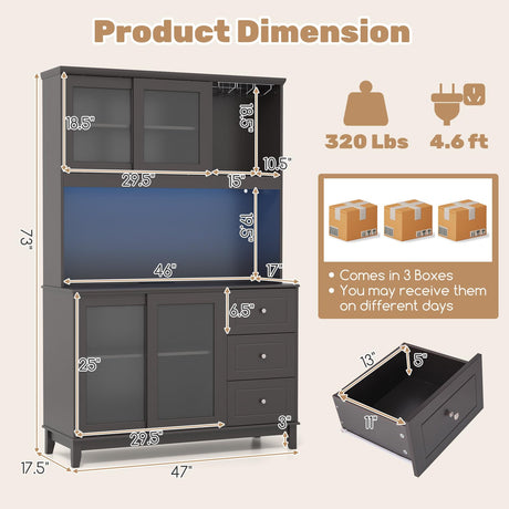 Giantex 73" Kitchen Pantry Storage Cabinet, Hutch Cabinet with LED Lights & Power Outlet, Kitchen Buffet Cabinet w/Wine Glass Racks, Countertop, Adjustable Shelves, Drawers for Dining Room (Espresso) Giantex