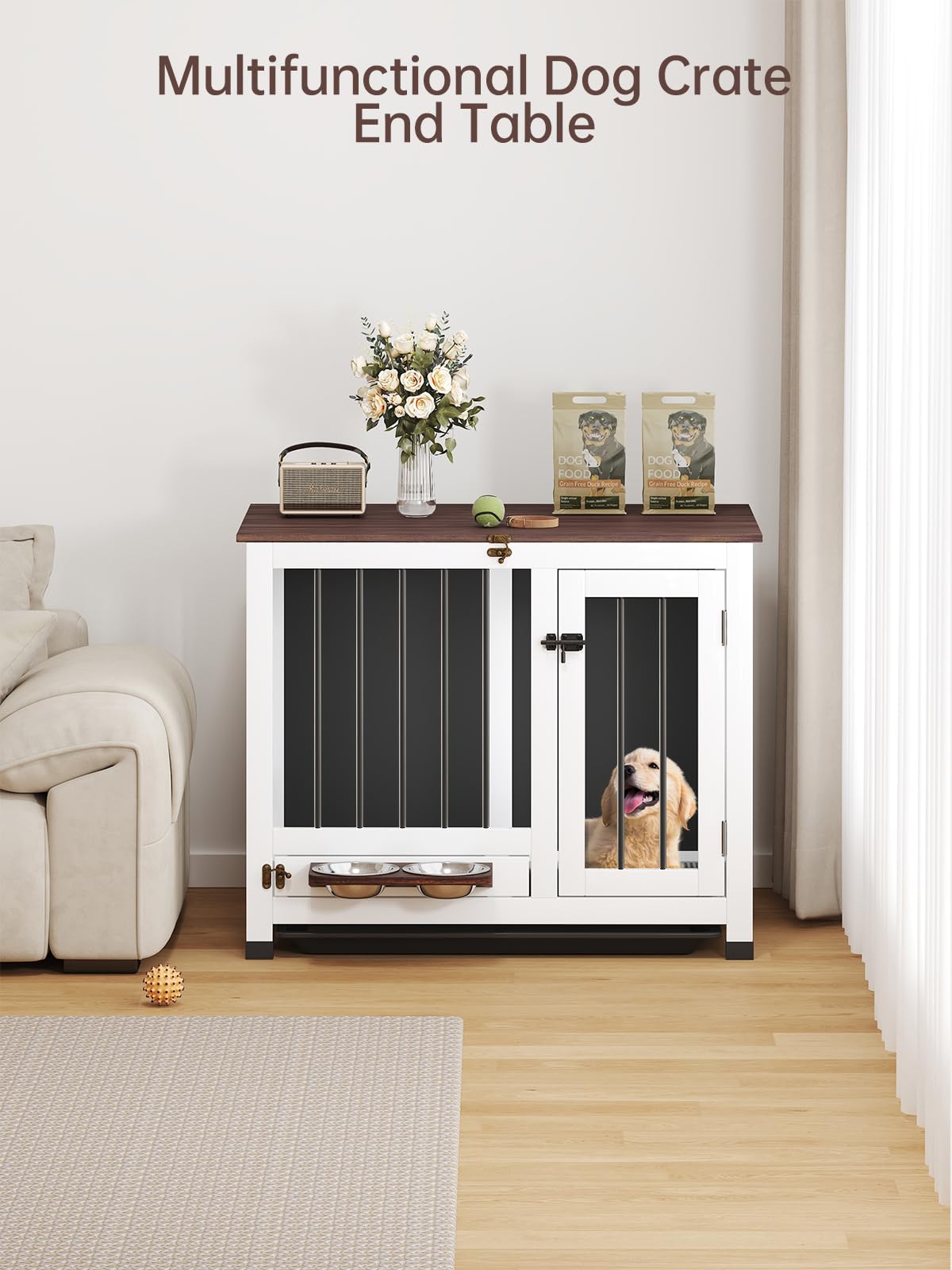 OtterOasis Dog Crate Furniture, Dog Kennel Indoor Foldable and Portable, Sturdy Wooden Dog Crate End Table Easy Assembly with 360° Rotating Feeder and Detachable Tray for Small Dogs, Medium Dogs OtterOasis