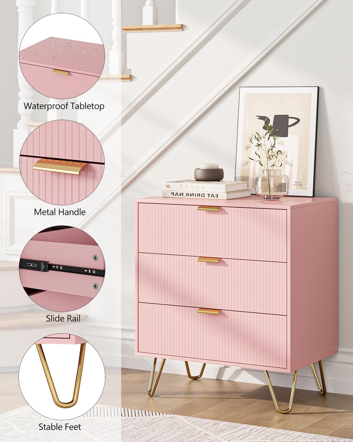 Aobafuir 3 Drawer Dresser for Bedroom, Modern Closet Dressers Chest of Drawers, Storage Dresser Chest Cabinet Organizer Unit, Small Fluted Dresser for Bedroom (Pink Stripe) Aobafuir