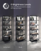 VASAGLE 6-Tier Dimmable LED Bookshelf with Steel Frame, Black Wood Grain Display Unit VASAGLE
