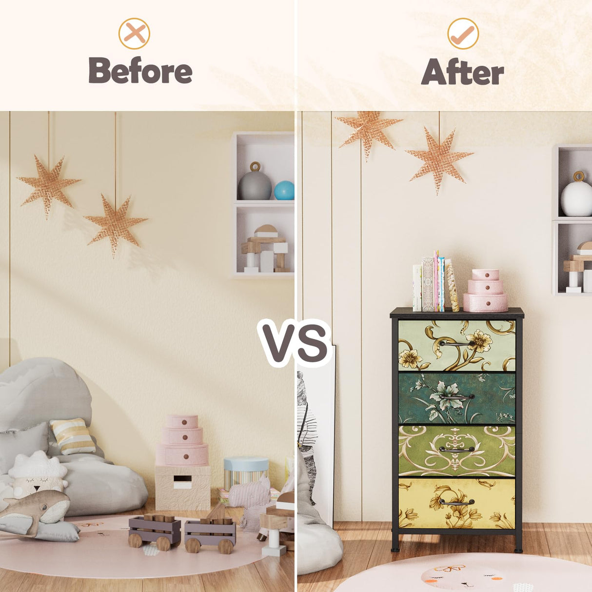 Furnulem 4 Drawer Dresser, Vertical Nightstand for Kids, Adult, Fabric Chest of Drawers for Bedroom, Living Room, Closet, Nusery, Storage Tower Unit Retro Style Furniture, Wood Desk Top Furnulem