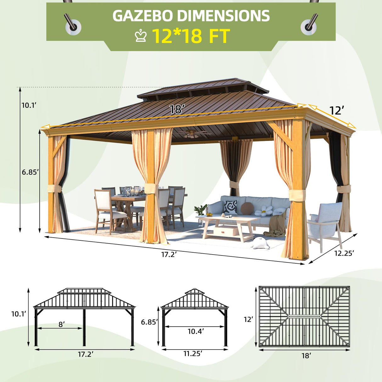 EROMMY 12' x 18' Gazebo, Wooden Finish Coated Aluminum Frame Canopy with Double Galvanized Steel Hardtop Roof, Outdoor Permanent Metal Pavilion with Curtains and Nettings for Patio, Backyard and Deck EROMMY