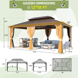 EROMMY 12' x 18' Gazebo, Wooden Finish Coated Aluminum Frame Canopy with Double Galvanized Steel Hardtop Roof, Outdoor Permanent Metal Pavilion with Curtains and Nettings for Patio, Backyard and Deck EROMMY