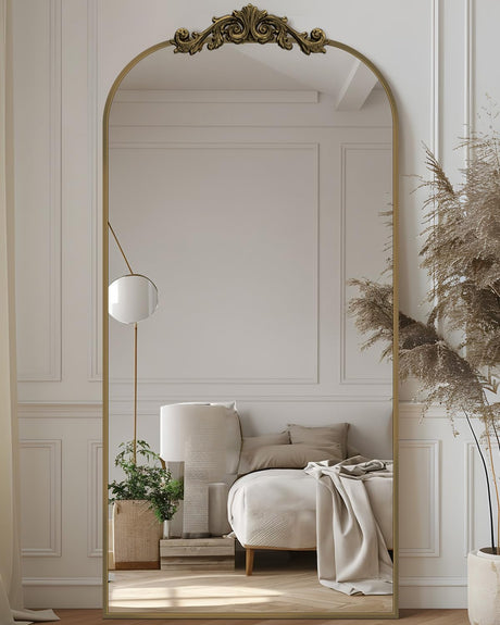 Arched Full Length Mirror, 71"x28" Floor Mirror Freestanding with Carved Metal Frame & Bottom Art Carved, Full Body Mirror for HomeDecor, Standing/Halling Large Wall Mirror for Bedroom, Bronze Antok