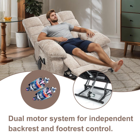 RHHVVR Oversized Power Lift Recliner Chair for Elderly, Dual Motor Lay Flat Recliner Big Chair with Massage and Heating, Chenille Electric Recliner Chairs for Living Room, Medium-Firm, Beige RHHVVR