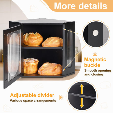 Sunhoo Bread Box for Kitchen Countertop Corner Bread Storage Wooden Breadbox Container 2 Layer Bread Holder Keeper Large Farmhouse Bread Bin Shelf for Homemade Pantry Vintage Acrylic Window(Black) Sunhoo