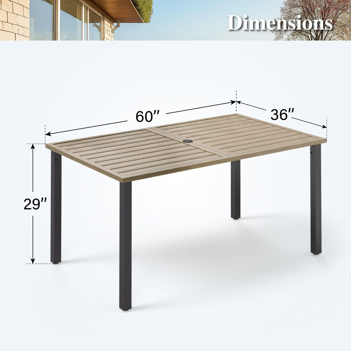 HERA'S HOUSE Outdoor Dining Table for 6, 6-Person Wood-like Metal Steel Slat Rectangle Table with Adjustable Umbrella Hole for Patio Lawn Garden Backyard HERA'S HOUSE
