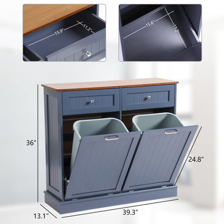 LOUVIXA Tilt Out Trash Can Cabinet with Double Hidden Trash Can Holder, Kitchen Free Standing Recycling Cabinet,Dog Proof Trash Can,Wood (Blue) LOUVIXA