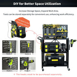 Lumizone 3-Tier Foldable Rolling Tool Cart with Wheels, Utility Cart with Pegboard for Garage Organizer and Tool Storage, Power Tool Storage Cart on Wheels (Tool Cart) lumizone