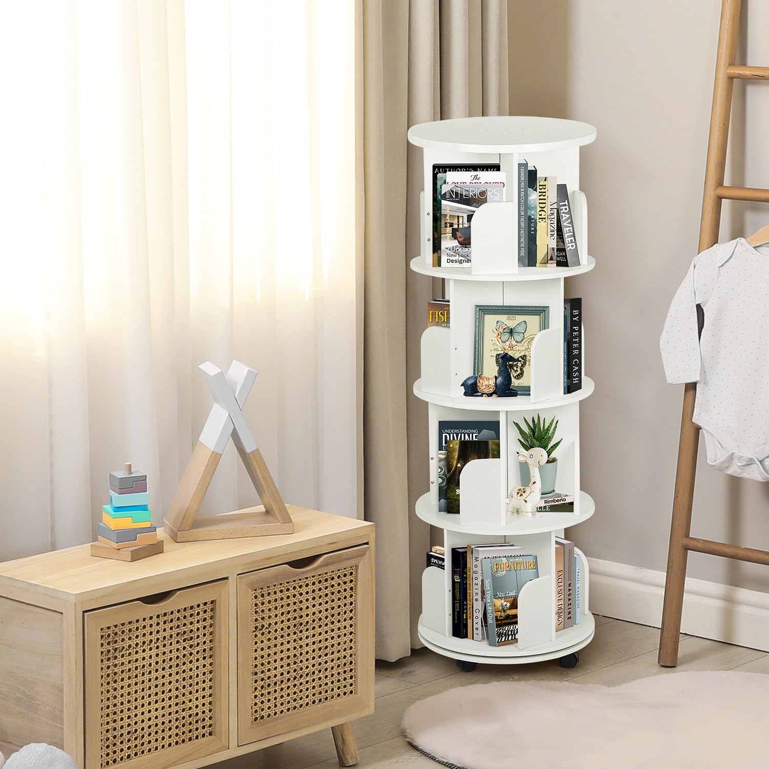 ybaymy 4-Tier 360° Revolving Bookshelf with Wheels - Modern White Floor Display Bookcase - WoodArtSupply