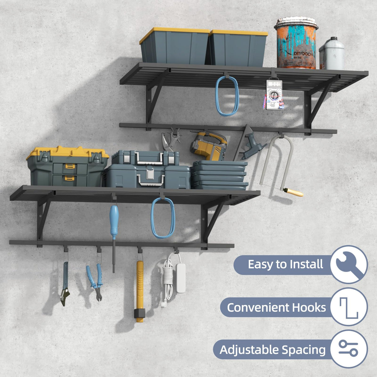 ZHNSYDN 2-Pack 2x4ft Garage Shelving Wall Mounted, Heavy Duty Garage Storage Shelves with 12 Hooks, 2' x 4' Wall Mount Shelves with 500LBS Capacaity ZHNSYDN