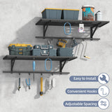ZHNSYDN 2-Pack 2x4ft Garage Shelving Wall Mounted, Heavy Duty Garage Storage Shelves with 12 Hooks, 2' x 4' Wall Mount Shelves with 500LBS Capacaity ZHNSYDN