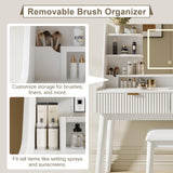 Einhomn Vanity Desk with Mirror & LED Lights, Fluted Makeup Table Set with Power Outlet & Hair Dryer Rack, Modern Dressing Table with Drawers & Adjustable Shelves, Cushioned Stool for Bedroom, White Einhomn