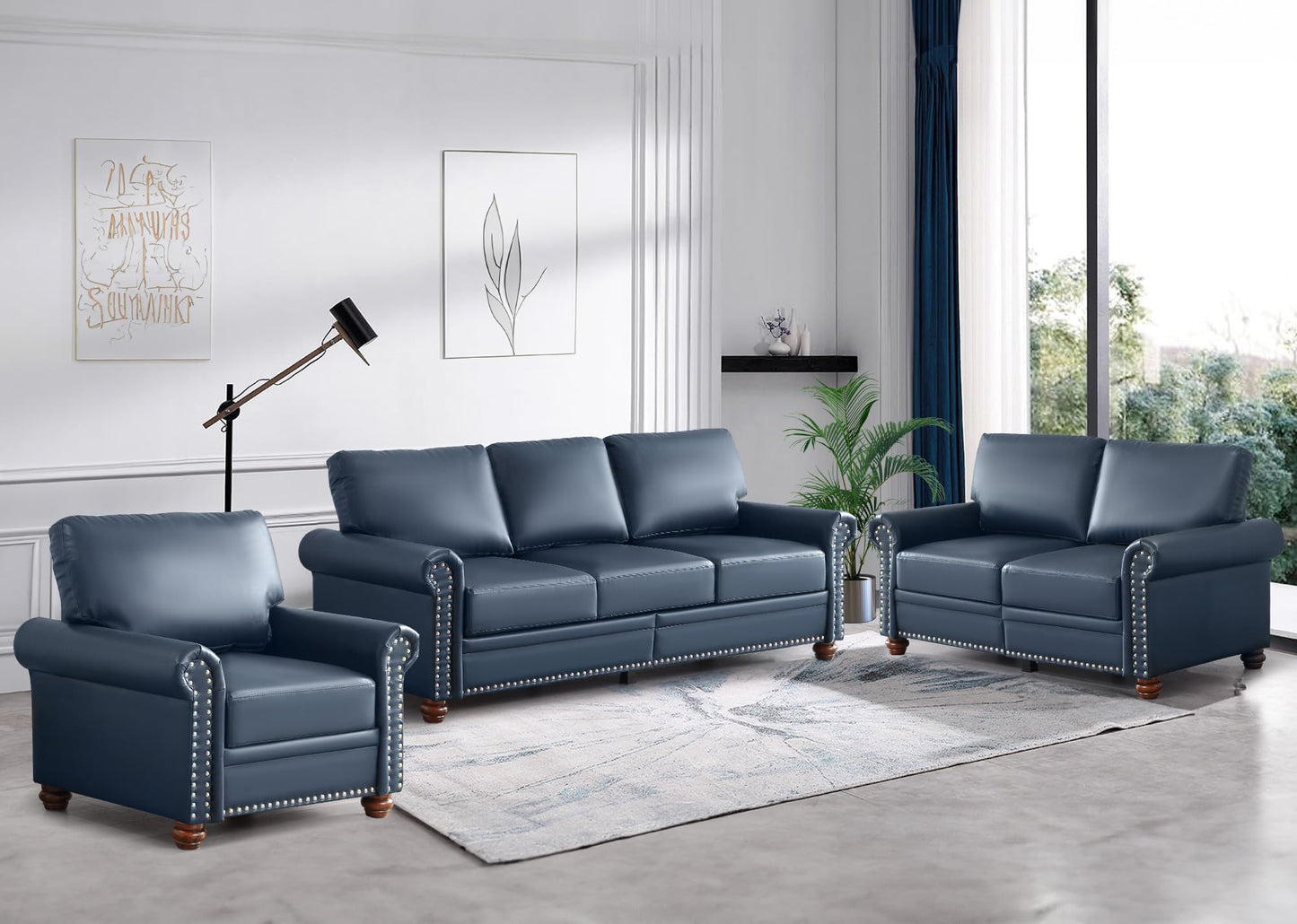 JEEOHEY Faux Leather Sofa Couch,82" Mid Century Modern Couch with Storage Place,Oversized 3 Seater Sofa with Nailhead Trim&Rolled Arm,Deep Seat Comfy Couch for Living Room,Apartment,Office(Navy Blue)