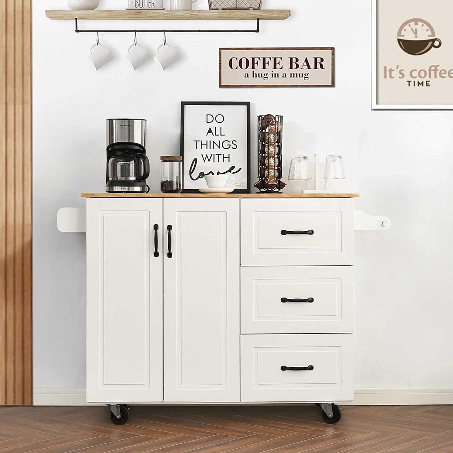 4 EVER WINNER Kitchen Island Cart on Wheels with Storage and Drop Leaf, 43" Rolling Kitchen Cart with Spice Rack & Towel Rack & 3 Drawers, White